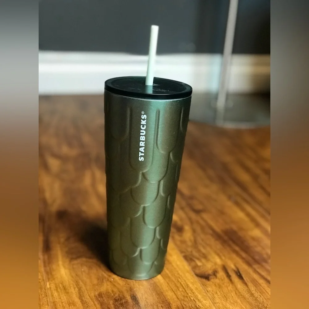 NWT collectible Starbucks green mermaid tail coffee cup with black lid and straw